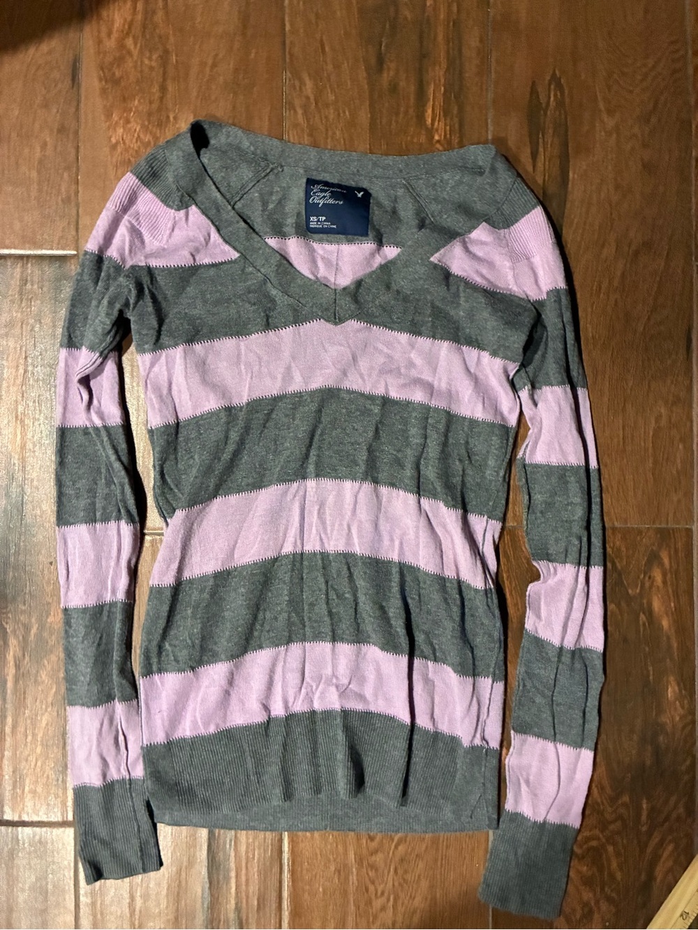 American Eagle Outfitters Gray and Light Pink Striped V-Neck Sweater